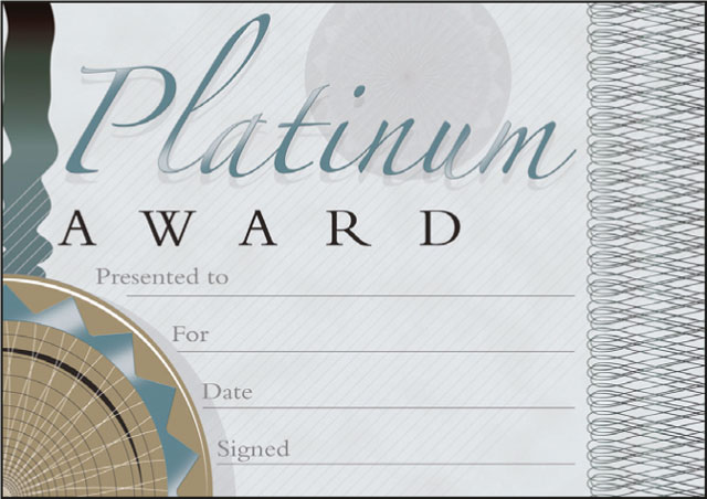 Platinum Award'  banknote style certificate