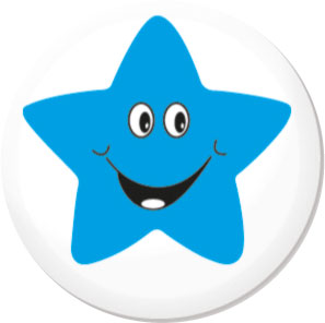 Smiling star blue button badge