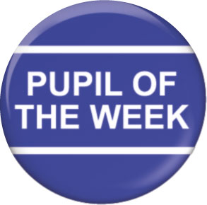Pupil of the Week blue button badge