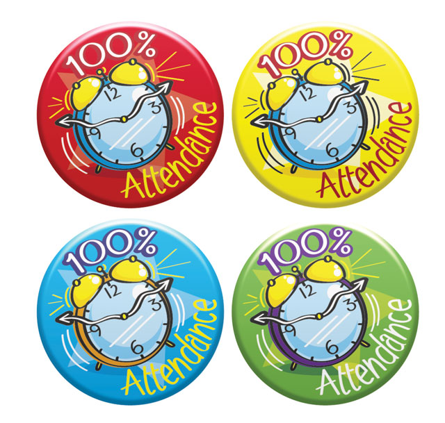 100% ATTENDANCE Button Badges in mixed colours